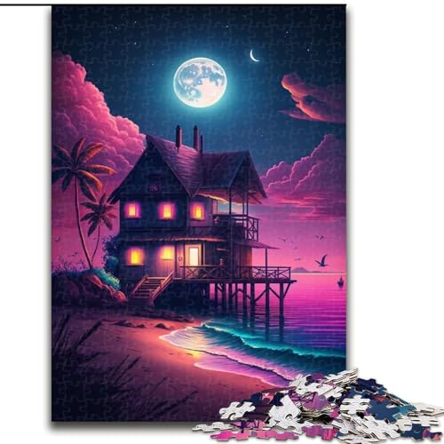 Puzzle 1000 Teile, Neon-Strandhaus-Puzzle aus Holz, anspruchsvolles Denkspiel für Teenager, interaktives Familienspiel, 1000 Teile(50x75cm) von XHAXING