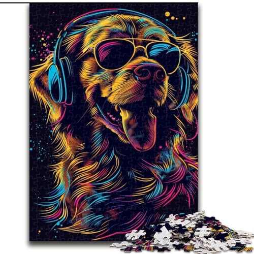 Puzzle 1000 Teile Golden Retriever mit Kopfhörern Puzzle aus Pappe, Denkspiel, interaktives Familienspiel, geeignet für Kinder ab 10 Jahren, 1000 Teile(26x38cm) von XHAXING