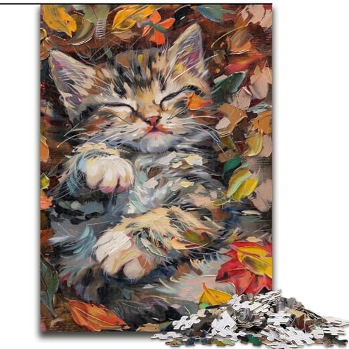 Puzzle 1000 Teile Katze im Laub Puzzle aus Holz, Denkspiel, interaktives Familienspiel, geeignet für Kinder ab 10 Jahren, 1000 Teile(50x75cm) von XHAXING