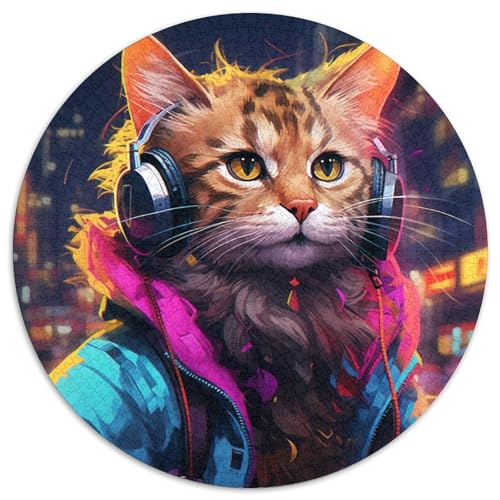 Puzzle 1000 Teile für Erwachsene, Bunte Kunstkatze, rund, Kartonpuzzle für Reiseliebhaber und Paare, anspruchsvolles Spielzeug (Größe 67,5 x 67,5 cm) von XHAXING