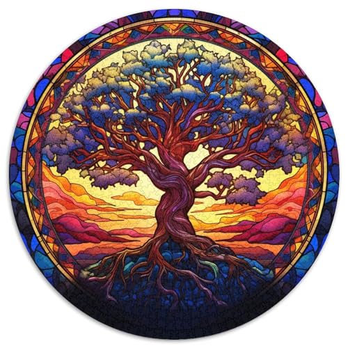 Puzzle 1000 Teile für Erwachsene, Buntglasbaum, runde Papierpuzzles, Kunstwerk-Dekor, Intelligenzspielzeug für Familien-Indoor-Spiele (67,5 x 67,5 cm) von XHAXING