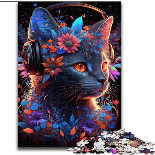 Puzzle 1000 Teile für Erwachsene, Katzen- und Blumen-Neon-Puzzle aus Pappe, hochschwieriges Denkspiel für Teenager, 1000 Teile(26x38cm) von XHAXING
