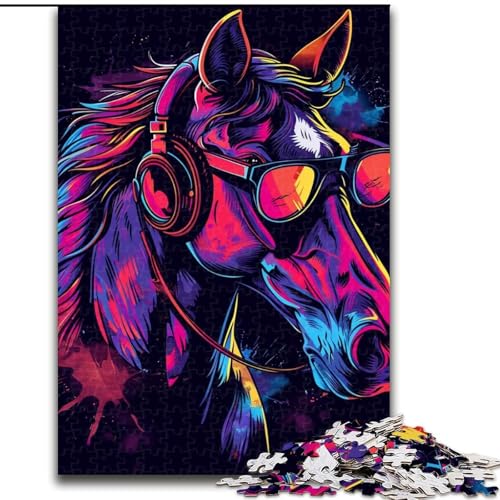 Puzzle 1000 Teile für Erwachsene, Pferd mit Sonnenbrille, Neon-Puzzle aus Pappe, Weihnachten, Halloween, Ostern, Neujahr, 1000 Teile(26x38cm) von XHAXING