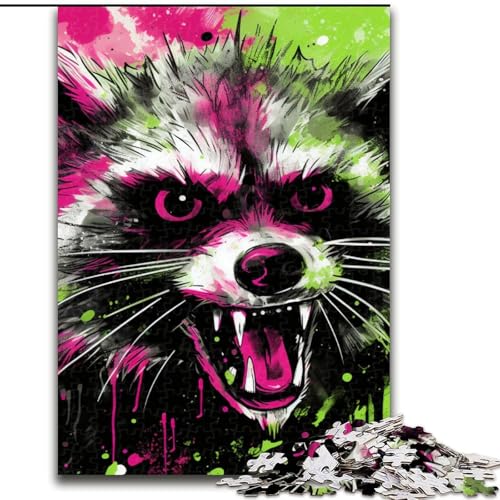 Puzzle 1000 Teile für Erwachsene, Psychedelisches Tier-Waschbär-Puzzle aus Holz, mit interaktivem Familienspiel, Altersgruppen ab 10 Jahren, 1000 Stück(50x75cm) von XHAXING