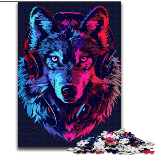 Puzzle 1000 Teile für Erwachsene, Wolf mit Kopfhörern, Puzzle aus Holz, perfekt für Halloween, Weihnachten, Geburtstagsgeschenk, 1000 Stück(50x75cm) von XHAXING