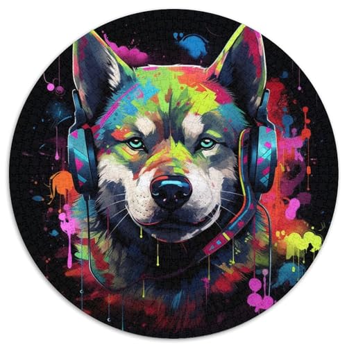 Puzzle für 1000 Teile, Husky mit Kopfhörern, rund, anspruchsvolles Denkspiel für Teenager, Spaß für den Spieleabend mit der Familie (Größe 67,5 x 67,5 cm) von XHAXING