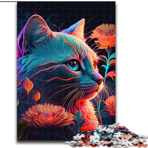 Puzzle für Erwachsene, 1000 Teile, Katzen- und Blumen-Neon-Puzzle aus Holz, anspruchsvolles Denkspiel für Teenager, unterhaltsames interaktives Spiel für die ganze Familie, 1000 Teile(50x75cm) von XHAXING
