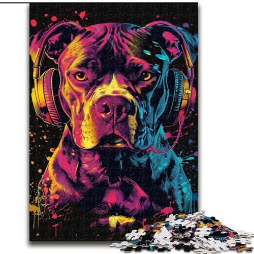 Puzzle für Erwachsene, 1000 Teile, Pitbull mit Kopfhörern, Puzzle aus Pappe, Denkspiel, interaktives Familienspiel, geeignet für Kinder ab 14 Jahren, 1000 Teile(26x38cm) von XHAXING