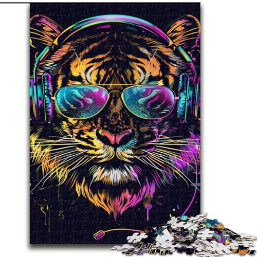 Puzzle für Erwachsene, 1000 Teile, Tiger mit Kopfhörern, Puzzle aus Holz, farbenfrohe Heimdekoration und interaktives Familienspiel, 1000 Teile(50x75cm) von XHAXING