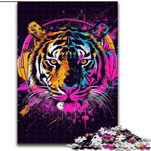 Puzzle für Erwachsene, 1000 Teile, Tiger mit Kopfhörern, Puzzle aus Pappe, Denkspiel, interaktives Familienspiel, geeignet für Kinder ab 14 Jahren, 1000 Teile(26x38cm) von XHAXING