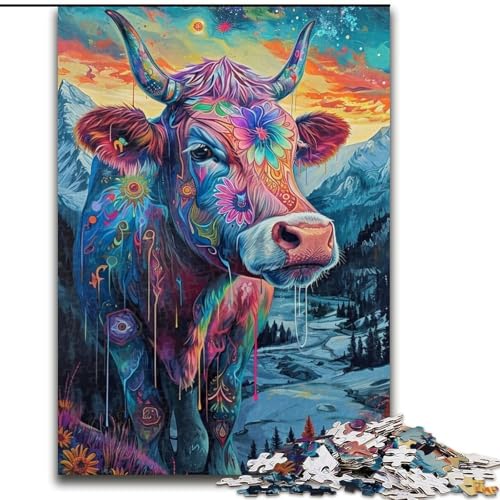 Puzzle für Erwachsene, 1000 Teile, psychedelische Kuh in den Bergen, Puzzle aus Pappe, Spielzeug, Geschenk, pädagogisches, intellektuelles, entspannendes Familienspiel, 1000 Teile(26x38cm) von XHAXING
