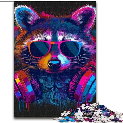 Puzzle für Erwachsene, 1000-teiliges Waschbär-mit-Kopfhörer-Puzzle aus Pappe, Familienaktivität, Heimdekoration zum Selbermachen, 1000 Teile(26x38cm) von XHAXING