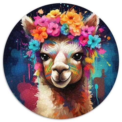 Puzzle mit 1000 Teilen für Erwachsene, Alpaka mit Blumen, rund, aus Pappe, für Reiseliebhaber und Paare, anspruchsvolles Spielzeug (Größe 67,5 x 67,5 cm) von XHAXING