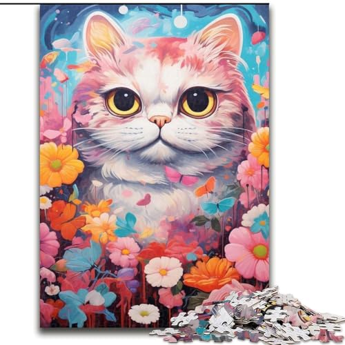 Puzzle mit 1000 Teilen für Erwachsene, Bunte Katze mit Blumen-Puzzle aus Holz, kompliziertes Design für Teenager, DIY-Dekor und gehirnfördernder Spaß, 1000 Stück(50x75cm) von XHAXING