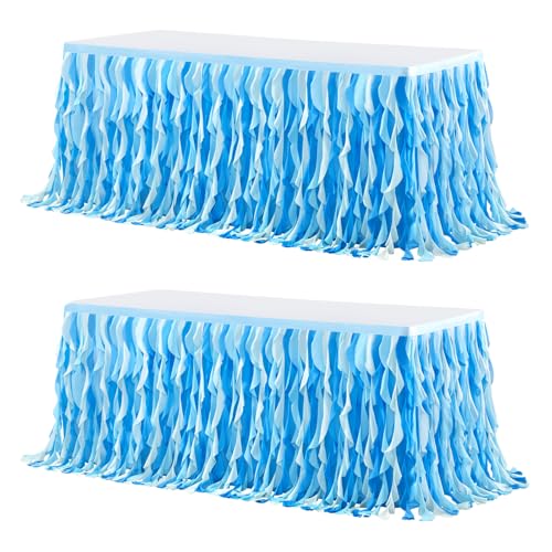 XHDZSW Table Skirt Rectangular, Spandex Elastic Tablecloth with Skirt, Knitterfrei Table Skirts Mit Plissierten Rüschen Hochzeiten Geburtstag Bankett (2 Pack-9FT(2.75mx0.77m),Blau) von XHDZSW