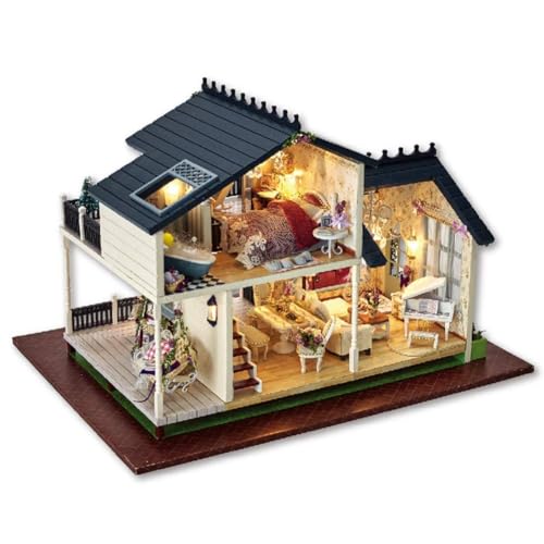 XHTLLO DIY Miniatur-Puppenhaus-Villa-Bausatz aus Holz, Montagespielzeug Für Kinder Provence Mit LED-Lichtern Und Spieluhr, Familie Und Freunde von XHTLLO