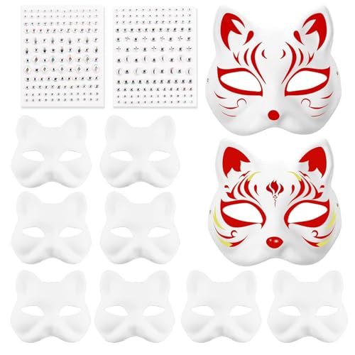 XHYASD 10 Stück Katzenmaske mit Selbstklebende Strasssteine, Weiße Katzenmasken Zum Anmalen, DIY Kreative Therian Maske, für Party Cosplay von XHYASD