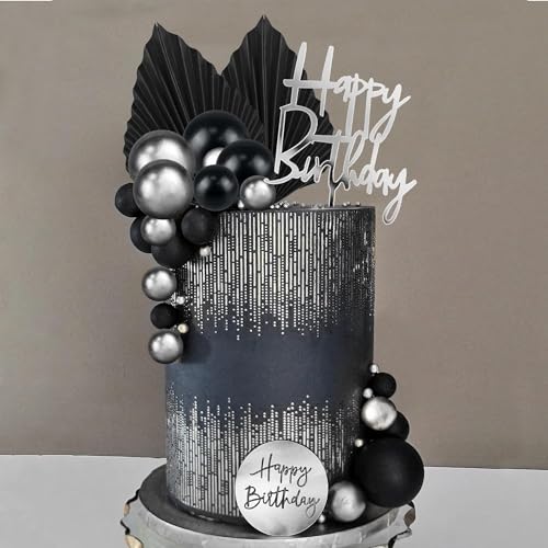 26Pcs Tortendeko Geburtstag, Tortendeko Kugeln Schwarz und Silber, Palmenblätter Schwarz, Happy Birthday Cake Topper, Happy Birthday Tortendeko, Kuchendeko für Geburtstag, Hochzeit, Valentinstag 26Pcs Tortendeko Geburtstag, Tortendeko Kugeln Schwarz und Silber, Palmenblätter Schwarz, Happy Birthday Cake Topper, Happy Birthday Tortendeko, Kuchendeko für Geburtstag, Hochzeit, Valentinstag von XIABYAYU