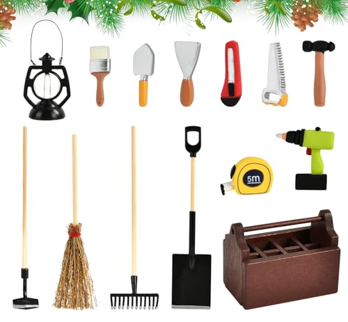 Wichtel Zubehör Miniatur Werkzeugkasten - 14 Stück Garten Zubehör, Mini Puppenhaus Werkzeug für Weihnachten Dekoration von XIABYAYU