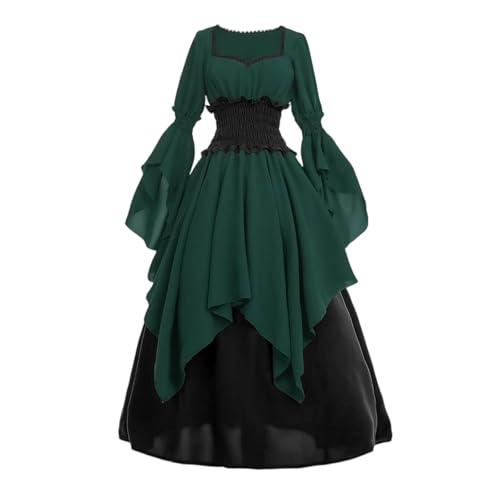 XIADUOBAAN Halloween Kostüm Damen Kleider Korsett Hexenkostüm Damen Mittelalter Kleidung für Frauen Piratenkostüm Trompetenärmel Gothic Kleid Renaissance Karneval Kostüm Vintage Maxikleid von XIADUOBAAN
