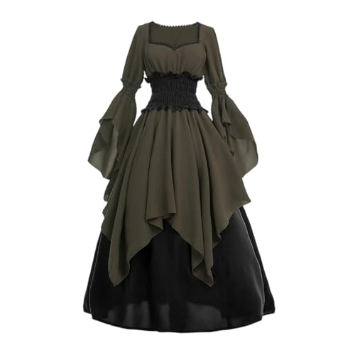 XIADUOBAAN Halloween Kostüm Damen Kleider Korsett Hexenkostüm Damen Mittelalter Kleidung für Frauen Piratenkostüm Trompetenärmel Gothic Kleid Renaissance Karneval Kostüm Vintage Maxikleid von XIADUOBAAN