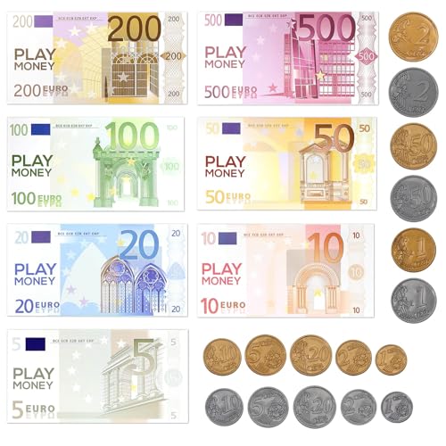 86 Stück Spielgeld Kinder, Spielgeld Euro Scheine und Münzen, Kinder Geld, Fake Euro für Kinder, Party Rollenspiel Miniatur Kinderspielzeug Zubehör von XIANGLONGY