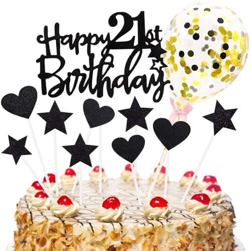 Tortendeko 21 Geburtstag Mädchen Junge, Schwarz Happy Birthday Cake Topper Geburtstag mit Konfetti Luftballon, Glitzer DIY Geburtstagskuchen Deko, Happy Birthday Kuchen Deko 21 Jahre Geburtstag von XIANGLONGY