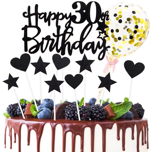 Tortendeko 30 Geburtstag Frau Mann, Schwarz Happy Birthday Cake Topper Geburtstag mit Konfetti Luftballon, Glitzer DIY Geburtstagskuchen Deko, Happy Birthday Kuchen Deko 30 Jahre Geburtstag von XIANGLONGY