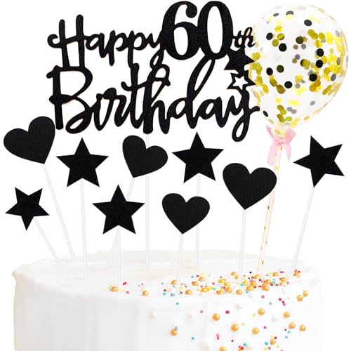 Tortendeko 60 Geburtstag Frau Mann, Schwarz Happy Birthday Cake Topper Geburtstag mit Konfetti Luftballon, Glitzer DIY Geburtstagskuchen Deko, Happy Birthday Kuchen Deko 60 Jahre Geburtstag von XIANGLONGY