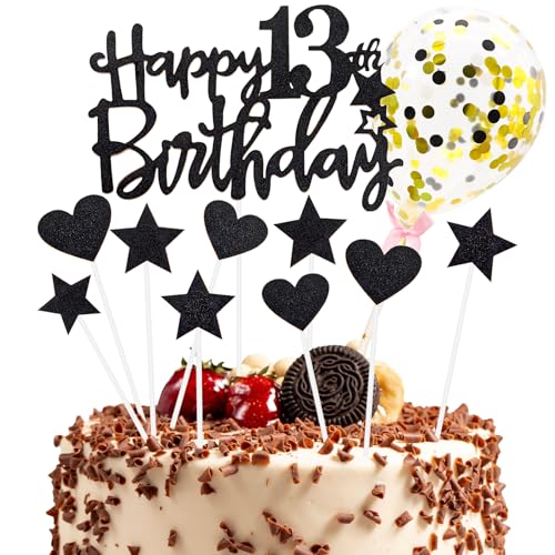 Tortendeko 13 Geburtstag Mädchen Junge, Schwarz Happy Birthday Cake Topper Geburtstag mit Konfetti Luftballon, Glitzer DIY Geburtstagskuchen Deko, Happy Birthday Kuchen Deko 13 Jahre Geburtstag von XIANGLONGY
