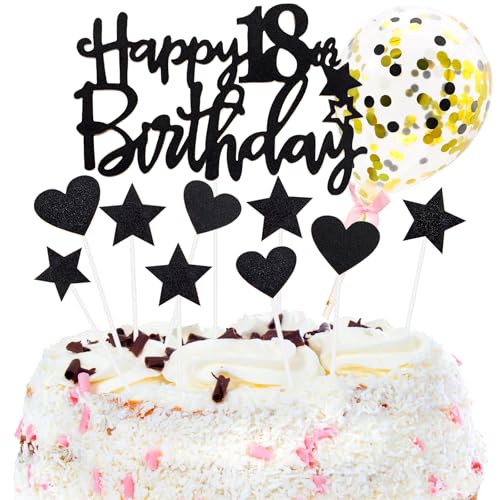 Tortendeko 18 Geburtstag Mädchen Junge, Schwarz Happy Birthday Cake Topper Geburtstag mit Konfetti Luftballon, Glitzer DIY Geburtstagskuchen Deko, Happy Birthday Kuchen Deko 18 Jahre Geburtstag von XIANGLONGY