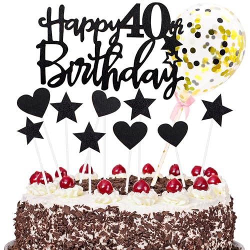 Tortendeko 40 Geburtstag Frau Mann, Schwarz Happy Birthday Cake Topper Geburtstag mit Konfetti Luftballon, Glitzer DIY Geburtstagskuchen Deko, Happy Birthday Kuchen Deko 40 Jahre Geburtstag von XIANGLONGY