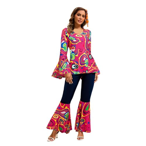 Hippie Kostüm Damen, Karneval Kostüm Damen Hippie Set 60 70er, Hippie Kleidung Schlaghose mit Accessoires, Faschingskostüme Hippie Möttöparty Kostüm Disco Outfit für Karneval (Heißes Rosa, M) von XIANUOJI