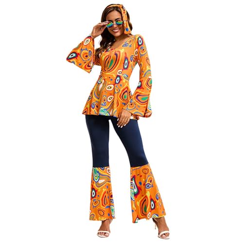 Hippie Kostüm Damen, Karneval Kostüm Damen Hippie Set 60 70er, Hippie Kleidung Schlaghose mit Accessoires, Faschingskostüme Hippie Möttöparty Kostüm Disco Outfit für Karneval Kostümparty (Orange, XL) Hippie Kostüm Damen, Karneval Kostüm Damen Hippie Set 60 70er, Hippie Kleidung Schlaghose mit Accessoires, Faschingskostüme Hippie Möttöparty Kostüm Disco Outfit für Karneval Kostümparty (Orange, XL) von XIANUOJI