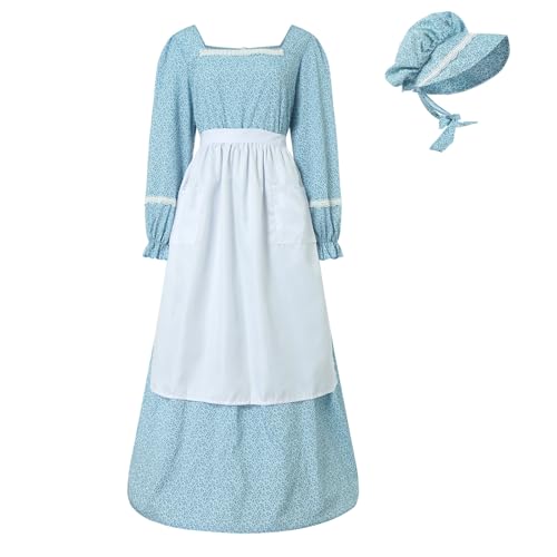 XIANUOJI 3-teiliges Set Frauen Prärie Kleid Pionier Erwachsene Historische 1800er Jahre AmishKleider Trachtenrock (Blau, XXL) von XIANUOJI