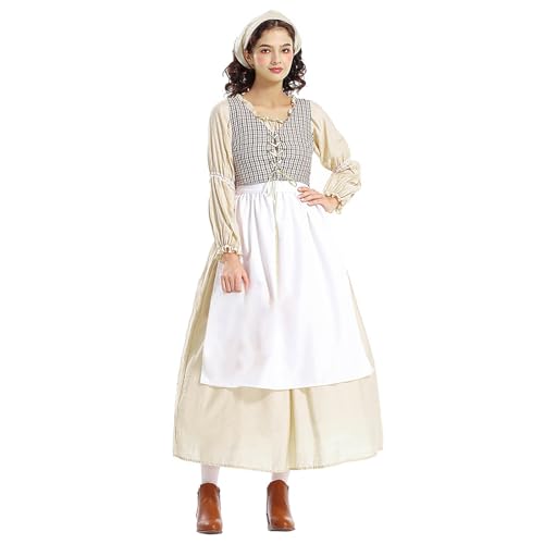 XIANUOJI 4-teiliges Set Prärie Blumenkleid Damen mit Schürze Motorhaube Kleid Dienstmädchen Mädchen Kostüm Historische Kleidung 1800er Jahre Maxikleid Freizeitkleid Kolonialkleid (Khaki, XXL) von XIANUOJI
