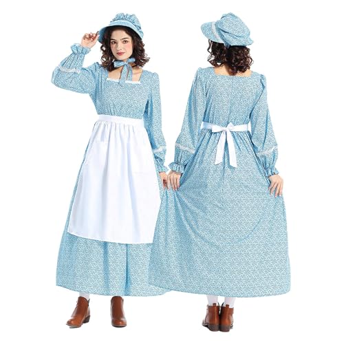 XIANUOJI Prärie-Kleid für Damen, Pionier-Kostüm, Vintage A-Linie -Cocktailkleid, Blumenmuster, 3-teiliges Set Trachtenrock (Blau, M) von XIANUOJI