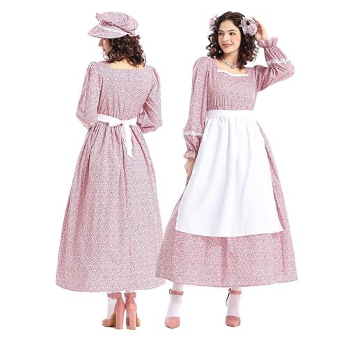 XIANUOJI Prärie-Kleid für Damen, Pionier-Kostüm, Vintage A-Linie -Cocktailkleid, Blumenmuster, 3-teiliges Set Trachtenrock (Rosa, S) von XIANUOJI
