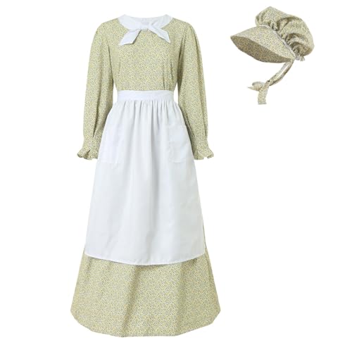 XIANUOJI Prärie-Kleid für Damen, Pionierkleid, Kostüm, 1800er-Jahre, AmishKleider, historisches Kostüm für Nachstellungen Oktoberfest Outfit (Gelb, S) von XIANUOJI