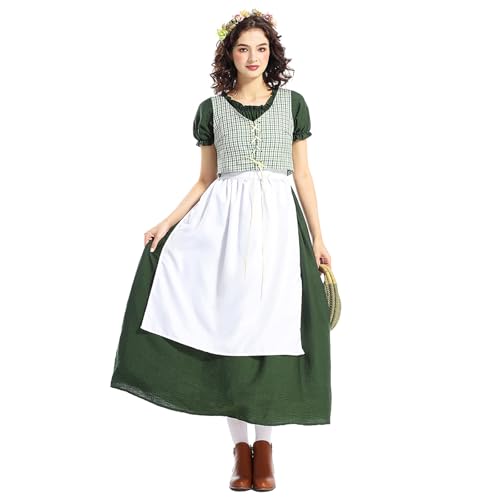 XIANUOJI Prairie Kleid für Damen, Erwachsene, Kolonialkostüm, langes Pionierkleid mit Haubendunst Oktoberfest Outfit (Grün, M) von XIANUOJI