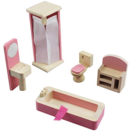 XIAONAN Entzückende hölzerne Puppenhausmöbel Kinderzimmer-Set Puppenhausmöbel Set Miniatur Möbel Zubehör Puppenhausmöbel Holz (Küche) (Badezimmer) von XIAONAN