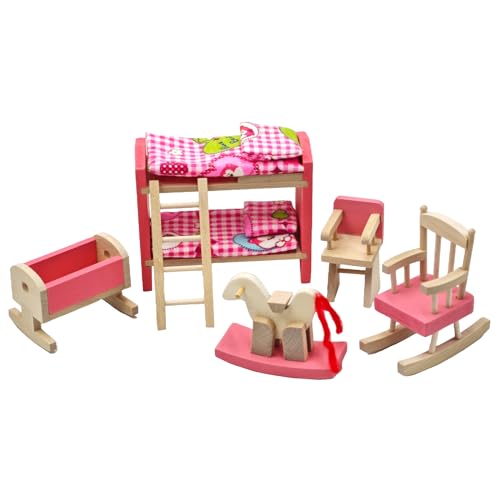 XIAONAN Kinderzimmer Puppenhausmöbel, Puppenhausmöbel Kinderzimmer, Miniatur Holzmöbel Set, Kind Kinder Geschenk Puppenhaus Einschließlich Etagenbettstuhl Wiege von XIAONAN