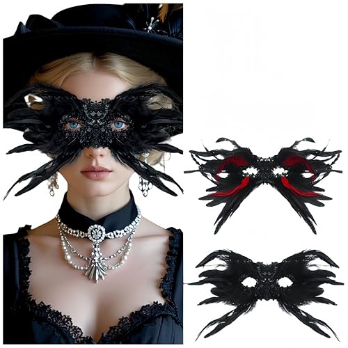 XIAOQIXI Maskerade Maske für Frauen, Halloween Gothic Feder Pailletten High-End-Maske, Karneval weibliche Kleidung Augenmaske Zubehör (Schwarz) von XIAOQIXI