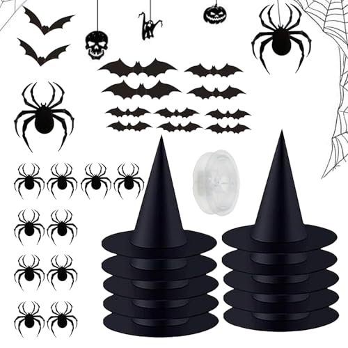 XIAOXIAOYU Hexenhut- , schwarzes hängbares Halloween-Kostüm, Hexenhut mit 50 m Kordel, Kostümzubehör, Dekorationen mit Aufklebern, Halloween-Dekorationen für drinnen und draußen XIAOXIAOYU Hexenhut- , schwarzes hängbares Halloween-Kostüm, Hexenhut mit 50 m Kordel, Kostümzubehör, Dekorationen mit Aufklebern, Halloween-Dekorationen für drinnen und draußen von XIAOXIAOYU