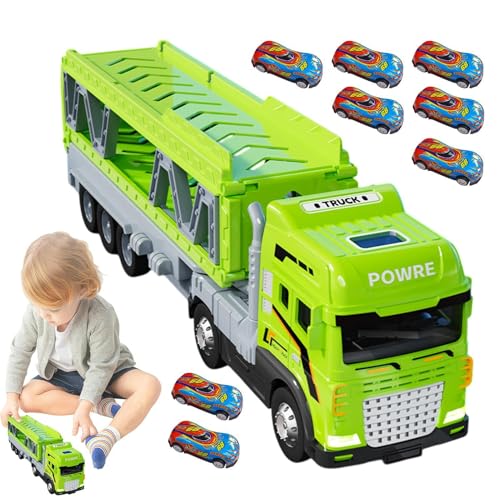 XIAOXIAOYU Spielzeug-Trucks mit Ejection-Rennstrecke,Ejection-Transportfahrzeug | Transporter mit klappbarer Rennstrecke für 8 Autos | Lagerwagen-Spielzeug, doppelschichtiger Metalltransporter, von XIAOXIAOYU