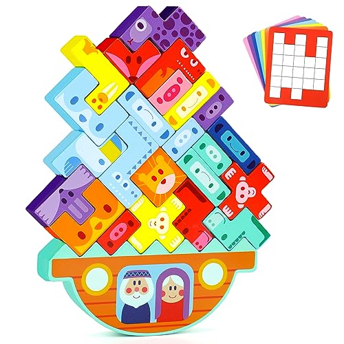 XIAPIA Arche Noah Montessori Holzspielzeug ab 1 2 3 Jahr Kinder 58 Teilige, Taufgeschenke für Mädchen Jungen, Balanceiersteine mit Karten Schaukelstapel für Babies von XIAPIA