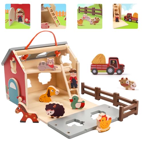 XIAPIA Bauernhof Steckspiel ab 2 Jahr 17 Stück, Montessori Spielzeug für 1 2 3 Jahre Jungen Mädchen mit 8 Holztiere 8 Bausteine, Farm Motorikspielzeug Sortierspiel Kinderspielzeug Geburtstag Geschenk von XIAPIA