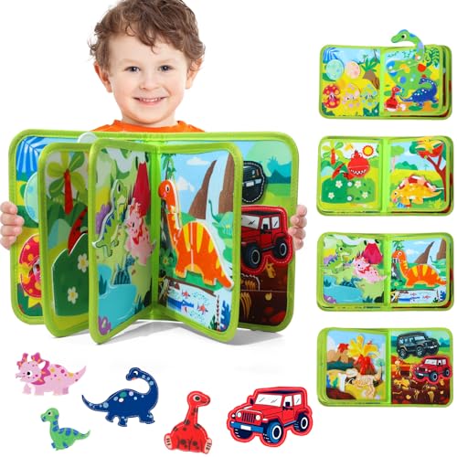 XIAPIA Montessori Busy Board Baby Spielzeug ab 1 Jahr, Filzbuch Dino Busy Book Aktivität Reisespiel, Beschäftigung für Kinder im Flugzeug, Weihnachten Geburtstag Geschenk Jungen Mädchen 2 3 Jahre von XIAPIA
