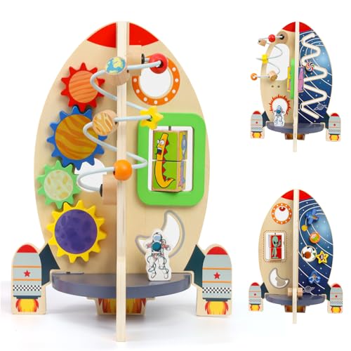 XIAPIA Holz Rakete Motorikspielzeug ab 1 Jahr, Montessori Spielzeug für Junge und Mädchen als Geburtstag Weihnachten Neu Jahr Geschenk 1 2 3 Jahre, Kinder Lernspielzeug Holzspielzeug Busy Board von XIAPIA