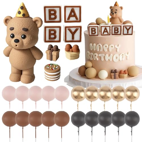 25 Stück Kind Tortendeko Bär Braun Teddybär Kuchen Dekoration Torten Topper Brauner Bär Boho Bären Kuchendekoratio DIY Kuchen "BABY" Kugeln Geschenkbox Kuchendekoration für Jungen Geburtstag Party von XIAQICA